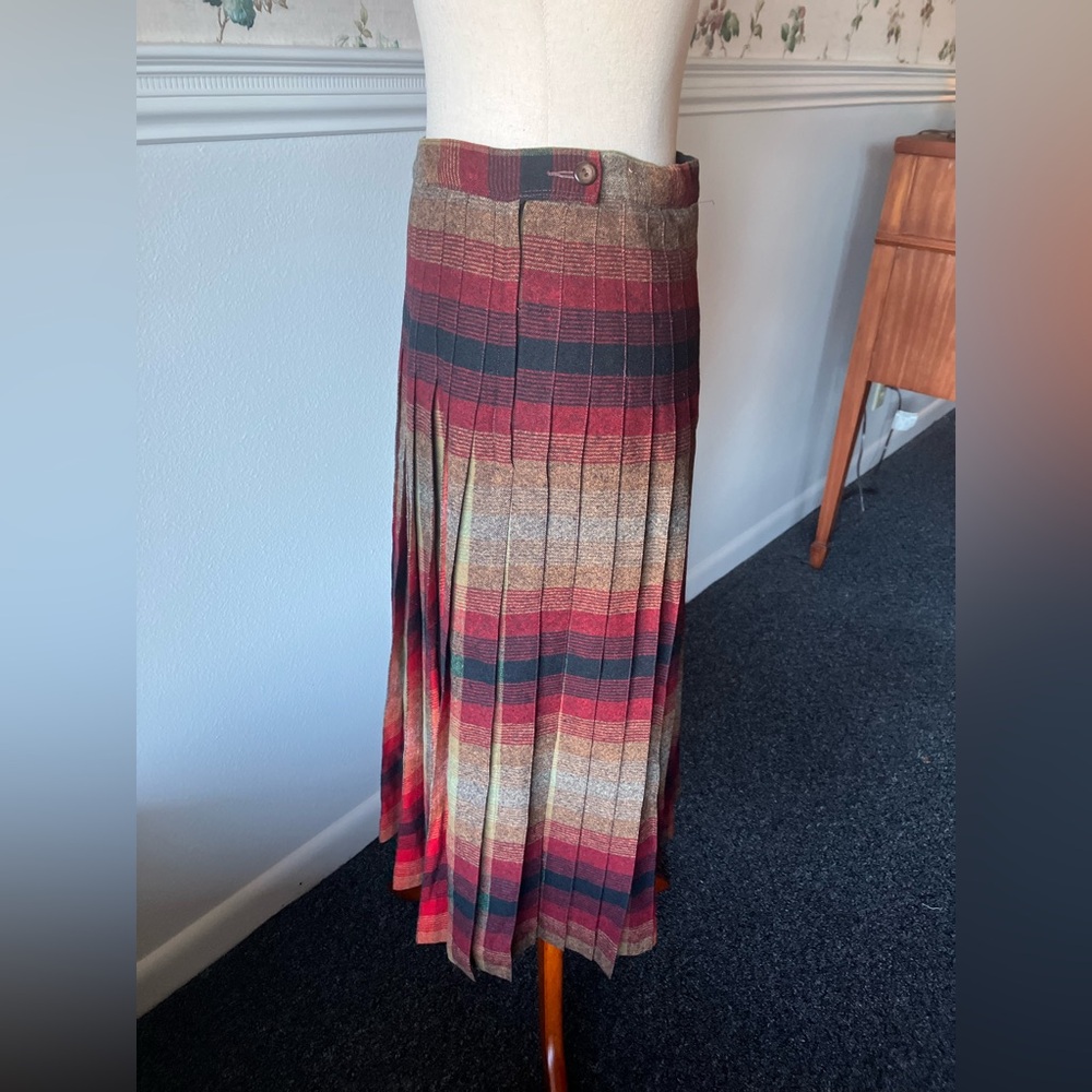 Vintage Wool Drop Waist Pleated Red & Brown Plaid Midi Skirt - Picture 2 of 4
